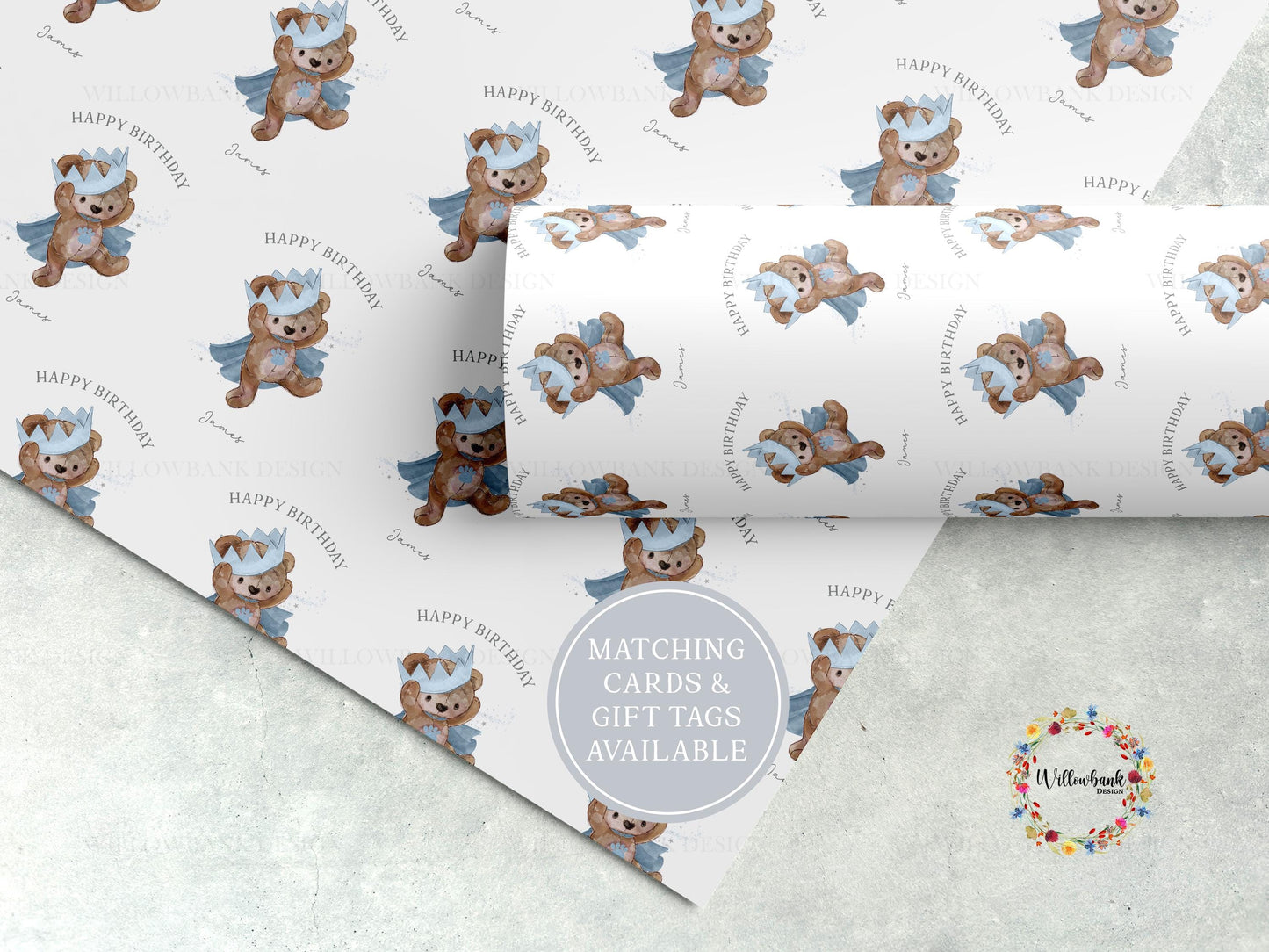 Personalised Teddy Bear Crown Wrapping Paper l Custom Children's Birthday Gift Wrap