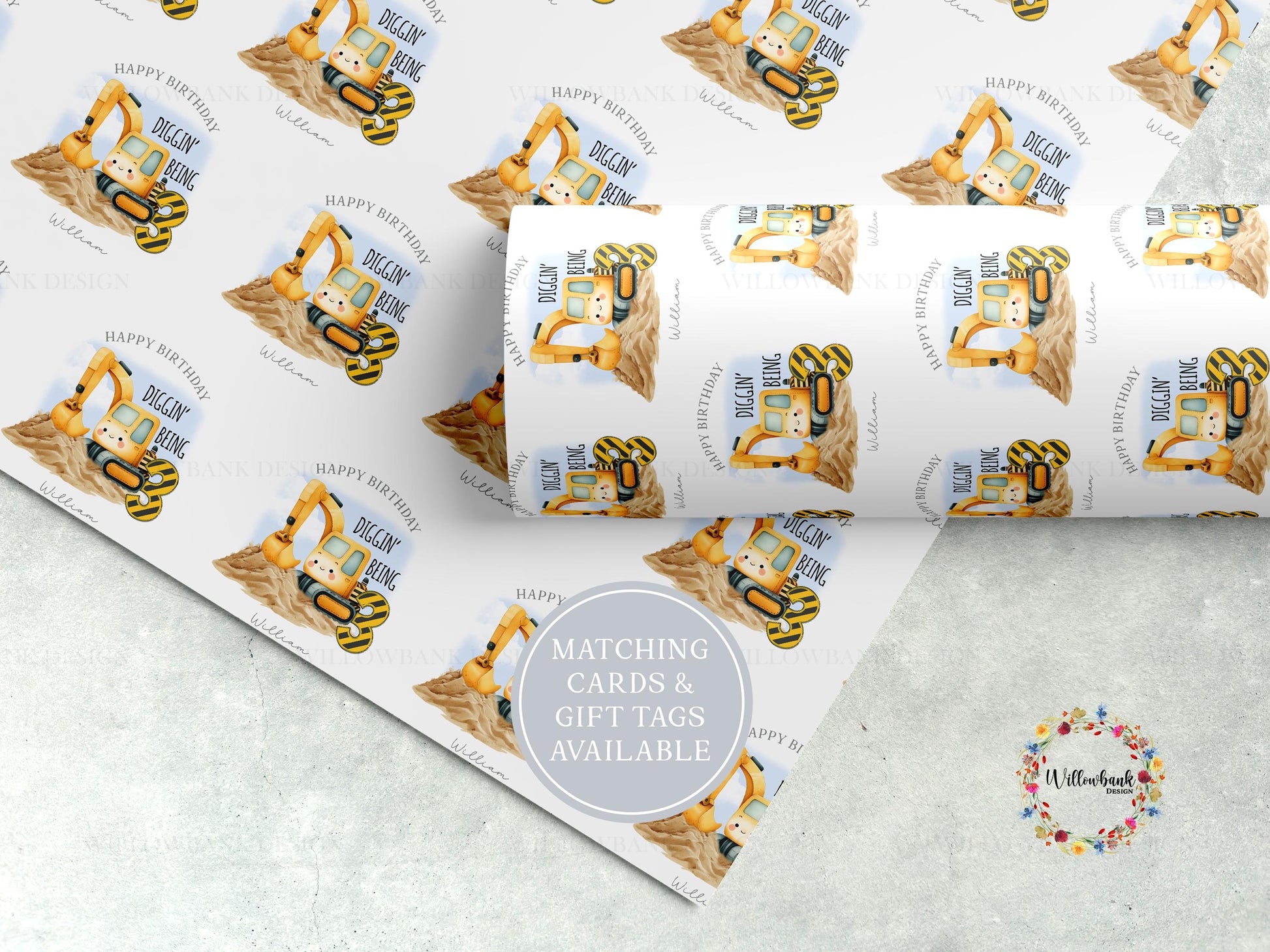 Personalised Digger Wrapping Paper l Custom Gift Wrap l Construction Vehicle l Children's Birthday