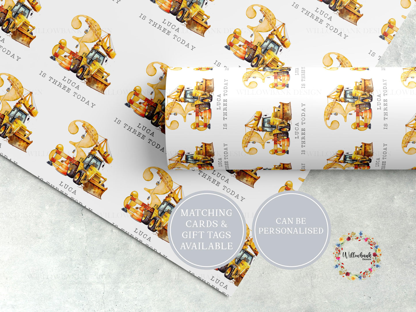 Personalised Digger Wrapping Paper l Custom Gift Wrap l Construction Vehicle l Children's Birthday