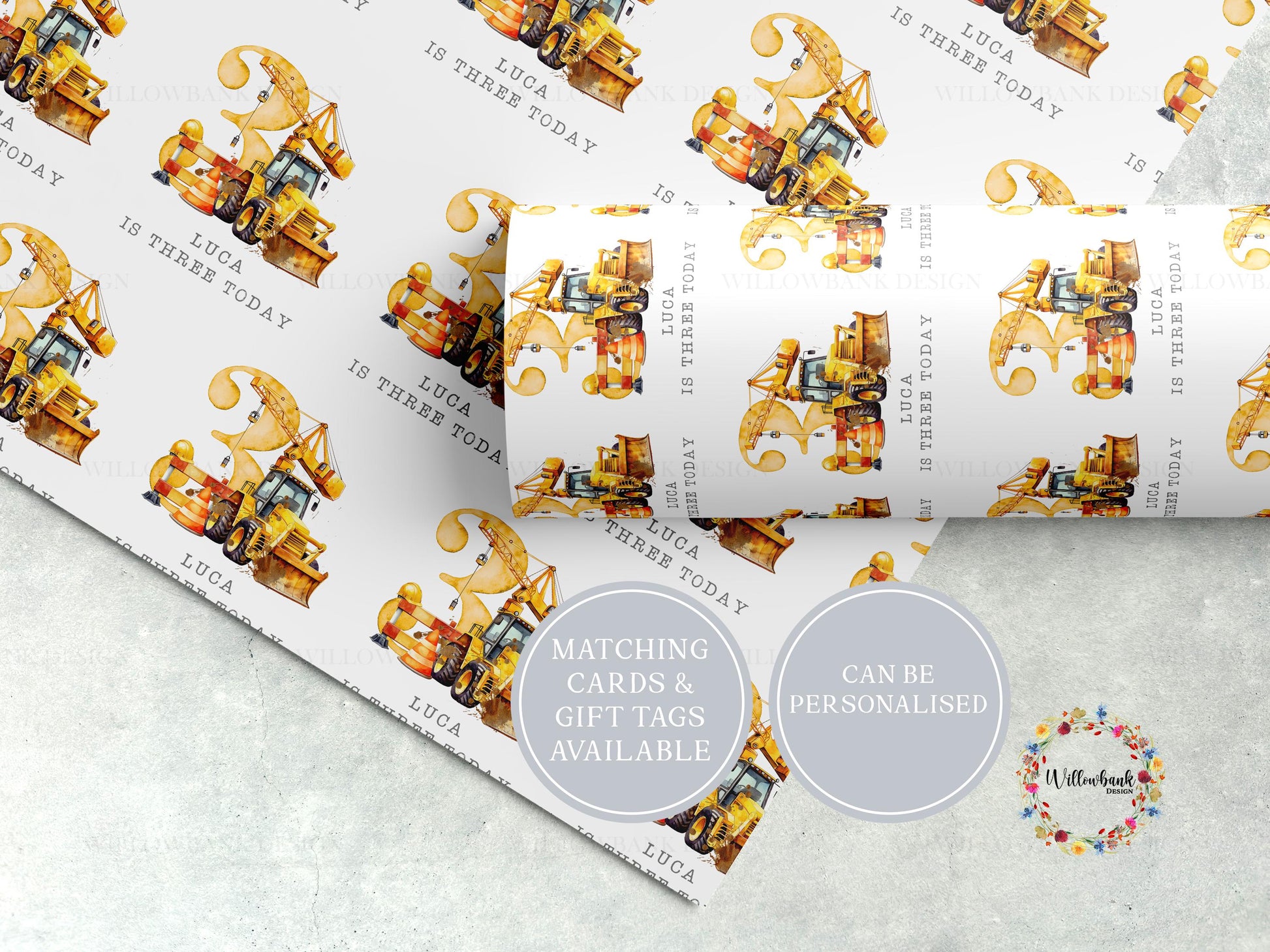 Personalised Digger Wrapping Paper l Custom Gift Wrap l Construction Vehicle l Children's Birthday