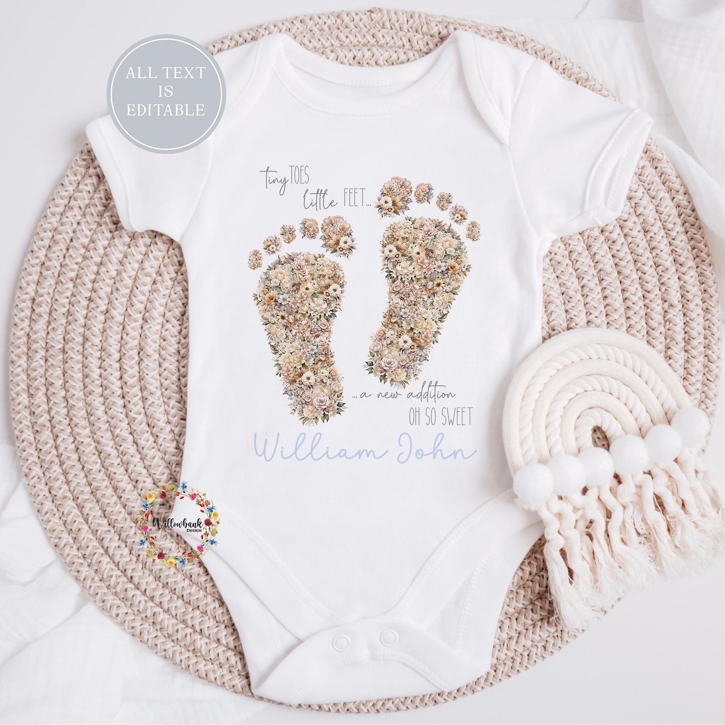 Personalised Floral Tiny Feet Baby Bodysuit l Baby Girl Vest l New Baby Gift l Babygrow l Unisex l Neutral l Baby Boy l Welcome To The World