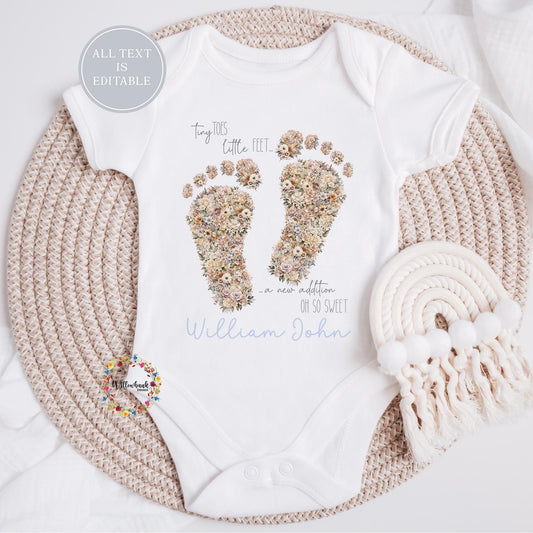 Personalised Floral Tiny Feet Baby Bodysuit l Baby Girl Vest l New Baby Gift l Babygrow l Unisex l Neutral l Baby Boy l Welcome To The World
