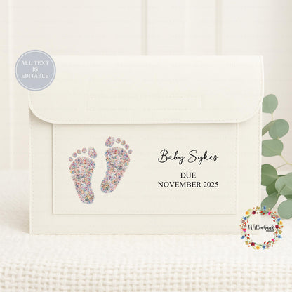 Personalised Baby Maternity Notes Folder l Pregnancy Documents Holder l New Mum Gift l Floral Baby Footprints