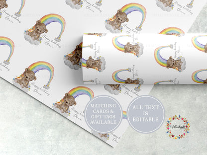 Personalised Teddy Bear Rainbow Wrapping Paper l Custom Children's Birthday Gift Wrap