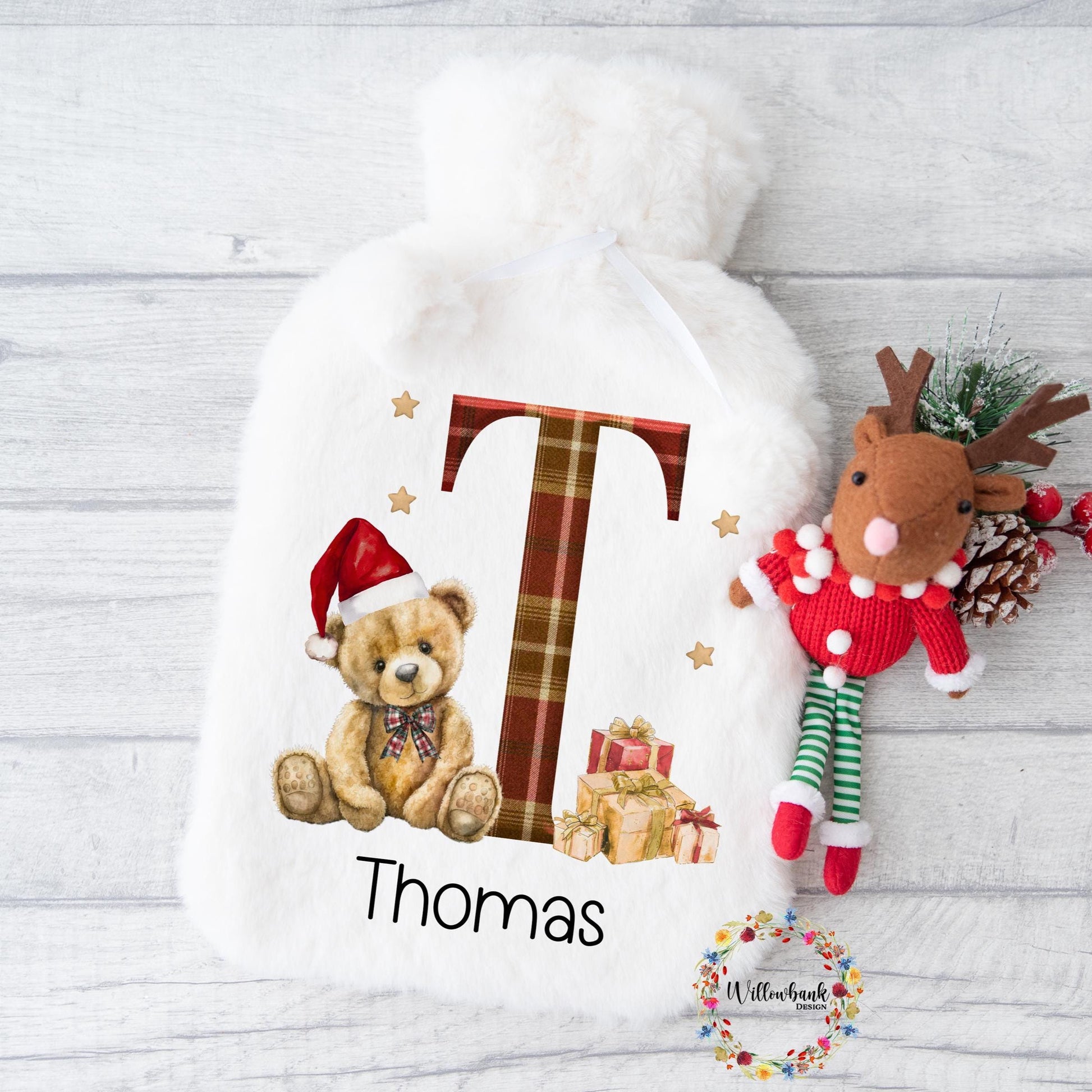 Personalised Hot Water Bottle l Xmas Teddy l Christmas Tree l Children's Christmas Gift Idea l Stocking Filler l Kids Christmas
