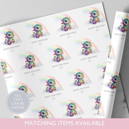 Personalised Rainbow Dragon Birthday Wrapping Paper l Custom Gift Wrap