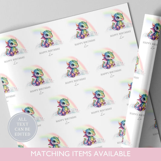 Personalised Rainbow Dragon Birthday Wrapping Paper l Custom Gift Wrap