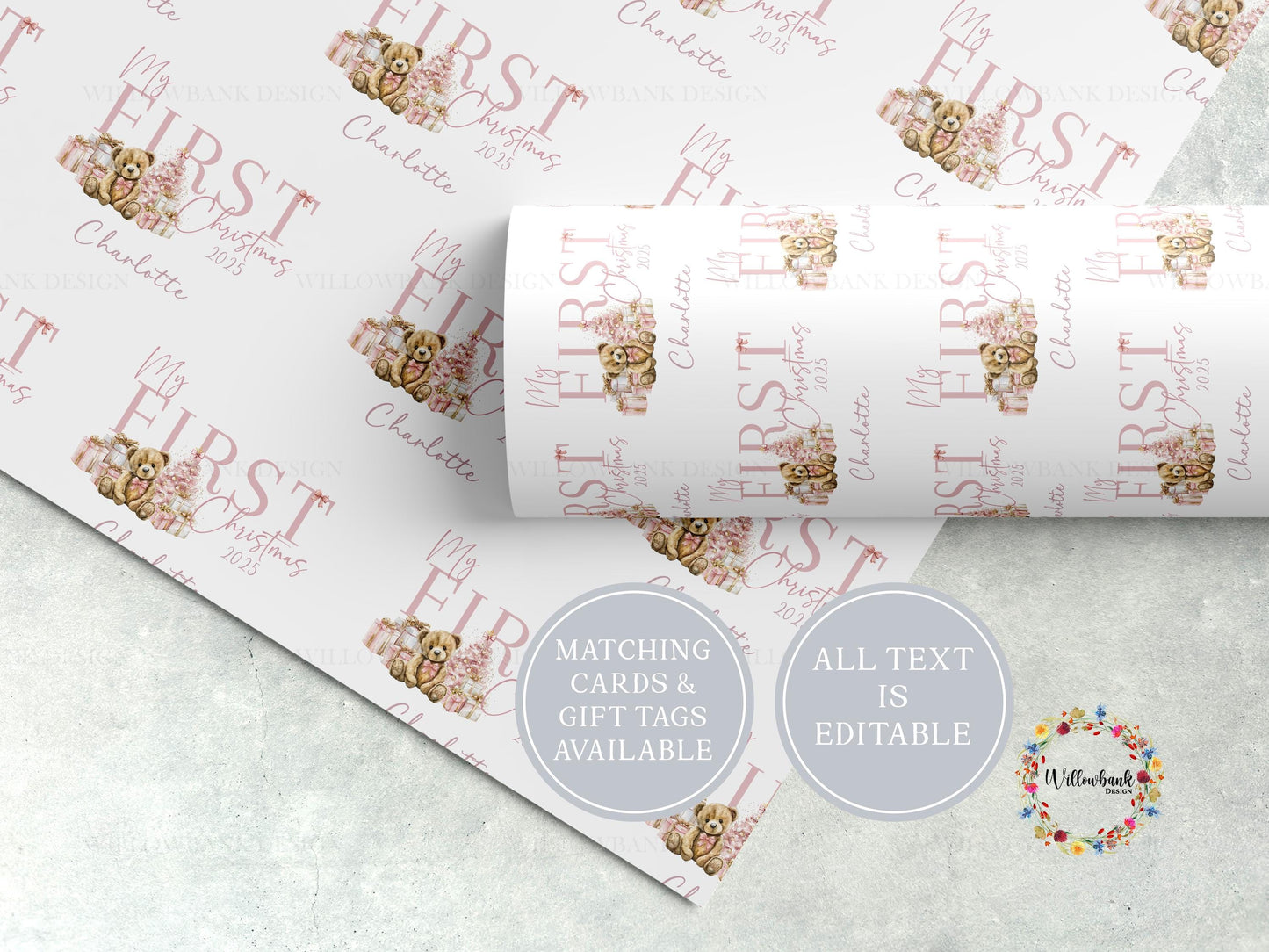 Personalised Christmas Teddy Bear Wrapping Paper l Gift Wrap l Kids Christmas l Custom Gift Paper l First Christmas