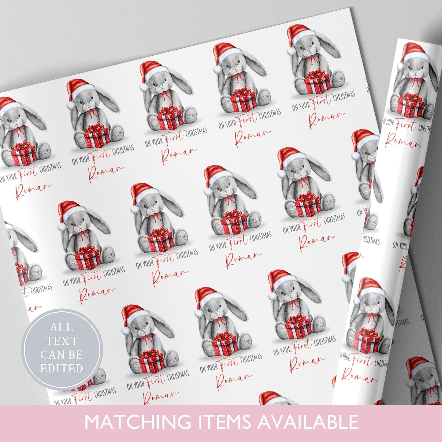 Personalised First Christmas Wrapping Paper l Gift Wrap l Xmas Bunny Rabbit l Kids Christmas l Custom Gift Paper l 1st Christmas