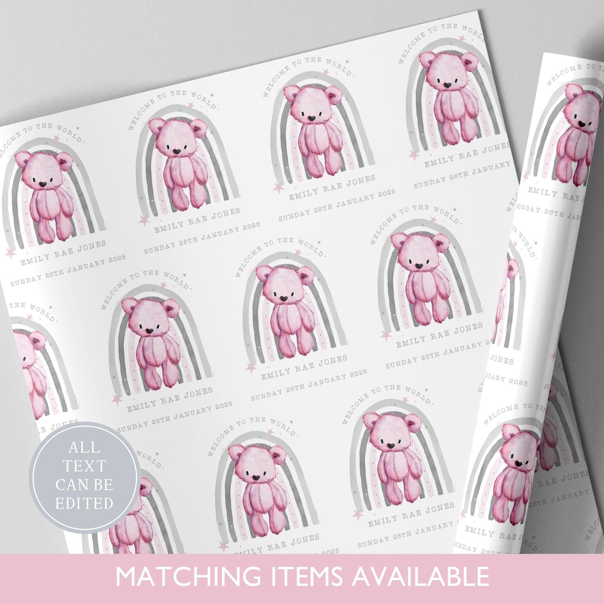 Personalised Rainbow New Baby Gift Wrapping Paper l Teddy Bear Gift Wrap l Welcome To The World l Custom l Baby Gift l Baby Boy l Baby Girl