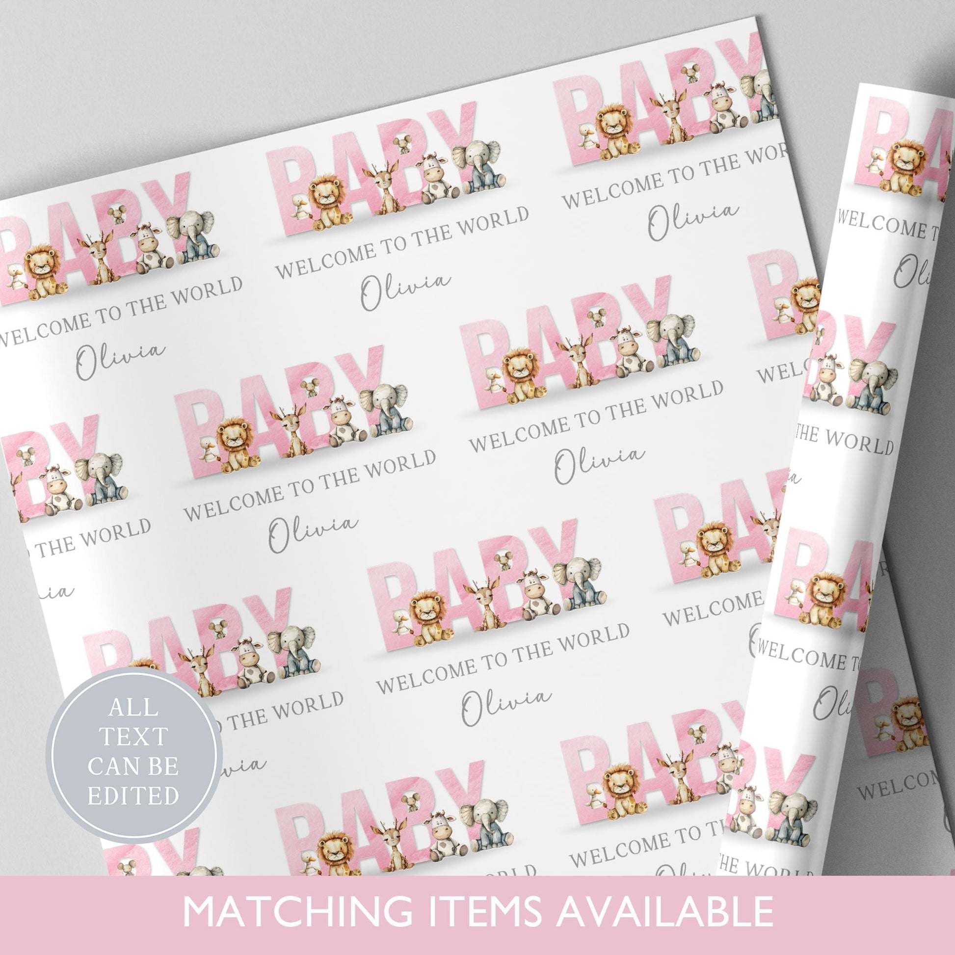 Personalised New Baby Safari Animal Wrapping Paper l Custom Gift Wrap l Welcome To The World