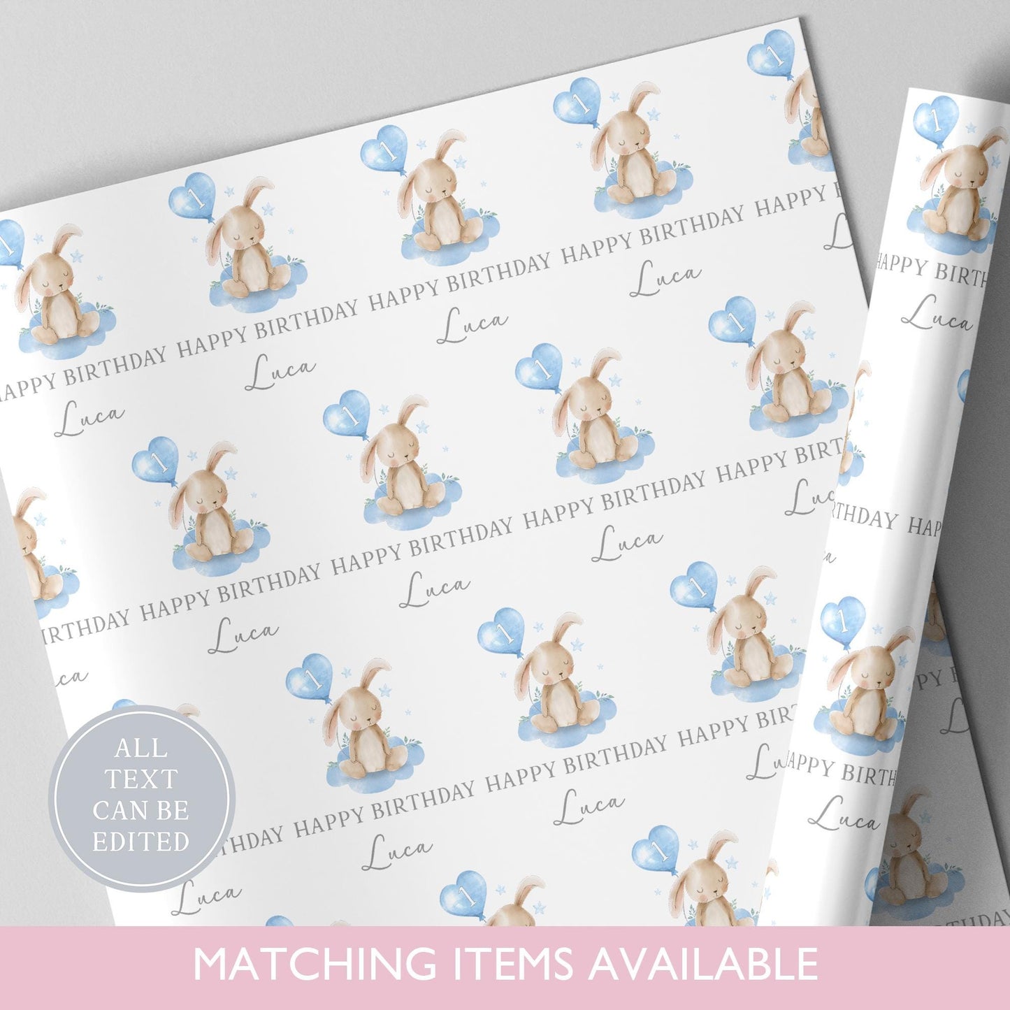 Personalised Bunny Rabbit Birthday Wrapping Paper l Custom Gift Wrap l First Birthday l Birthday Gift l Children's Birthday l Luxury