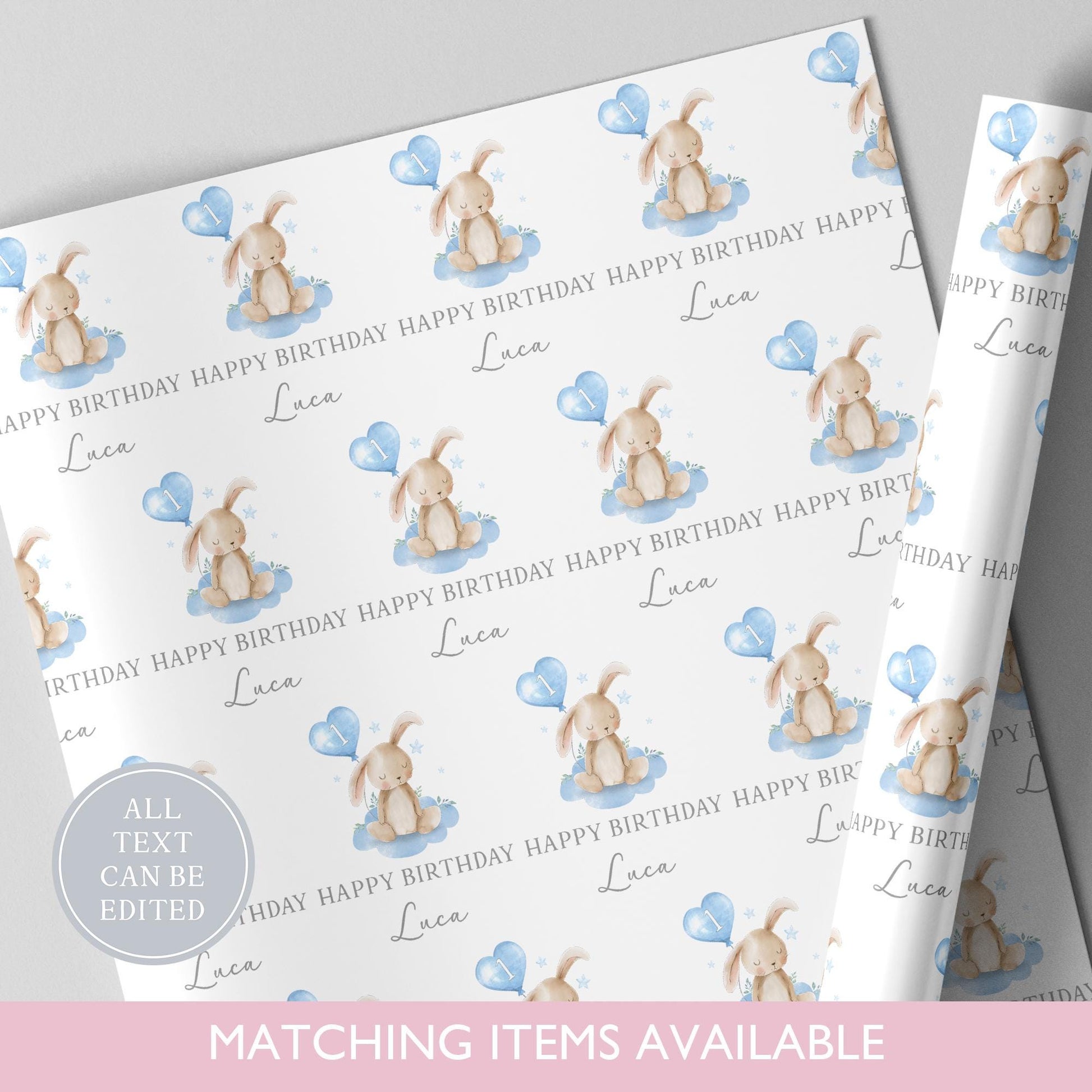 Personalised Bunny Rabbit Birthday Wrapping Paper l Custom Gift Wrap l First Birthday l Birthday Gift l Children's Birthday l Luxury