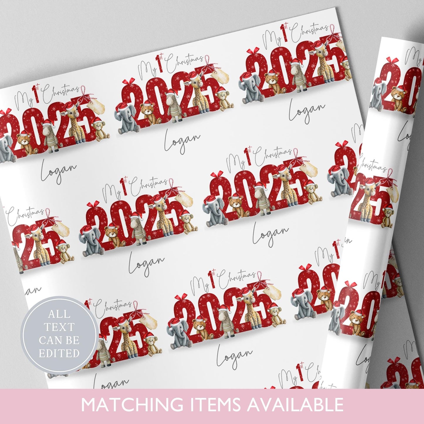Personalised First Christmas Safari Animal Wrapping Paper l Gift Wrap l Kids Christmas l Custom Gift Paper l 1st Xmas