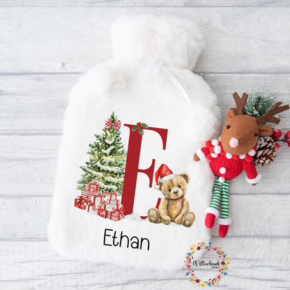 Personalised Hot Water Bottle l Xmas Teddy l Christmas Tree l Children's Christmas Gift Idea l Stocking Filler l Kids Christmas