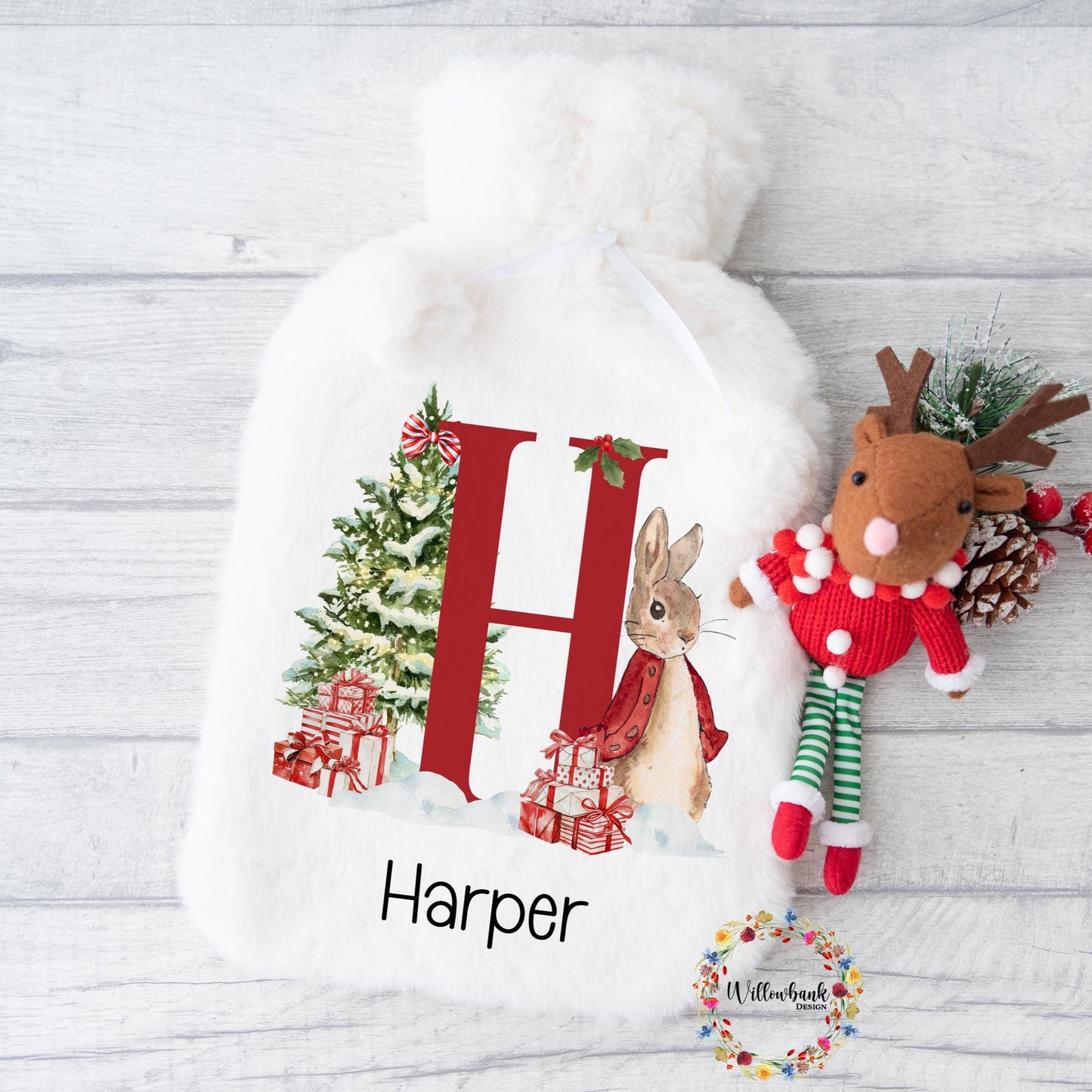 Personalised Hot Water Bottle l Xmas Bunny l Christmas Rabbit l Children's Christmas Gift Idea l Stocking Filler l Kids Christmas