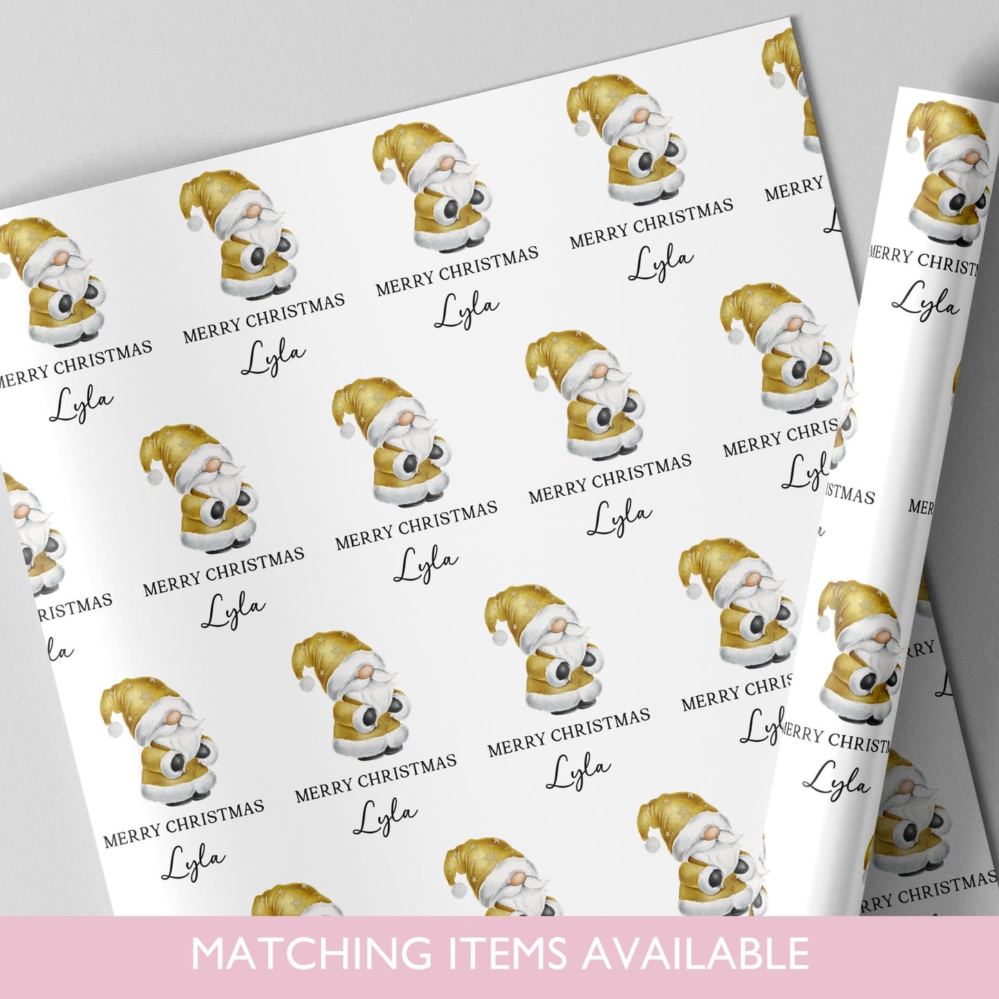 Personalised Christmas Gonk Wrapping Paper l Gift Wrap l Kids Christmas l Custom Gift Paper l First Christmas l Gold Xmas Gnome