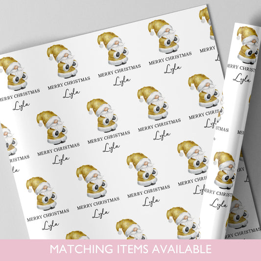 Personalised Christmas Gonk Wrapping Paper l Gift Wrap l Kids Christmas l Custom Gift Paper l First Christmas l Gold Xmas Gnome