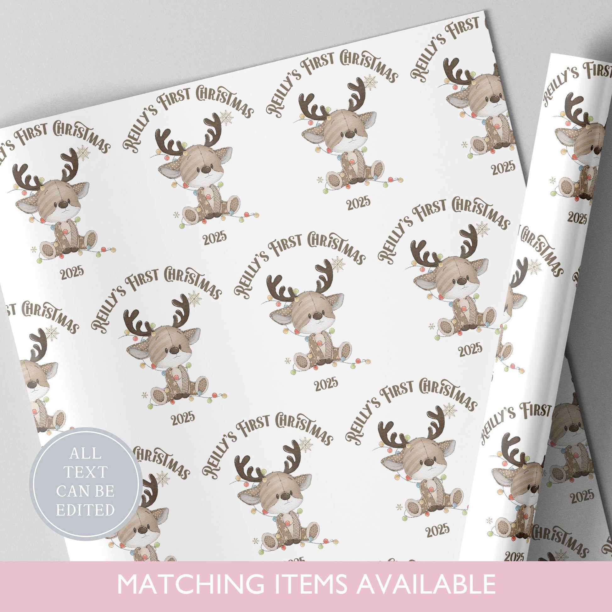 Personalised Reindeer Wrapping Paper l Gift Wrap l Kids Christmas l Custom Gift Paper l First Christmas l Baby 1st Christmas