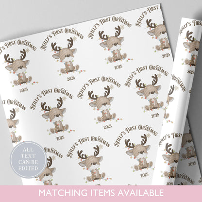 Personalised Reindeer Wrapping Paper l Gift Wrap l Kids Christmas l Custom Gift Paper l First Christmas l Baby 1st Christmas