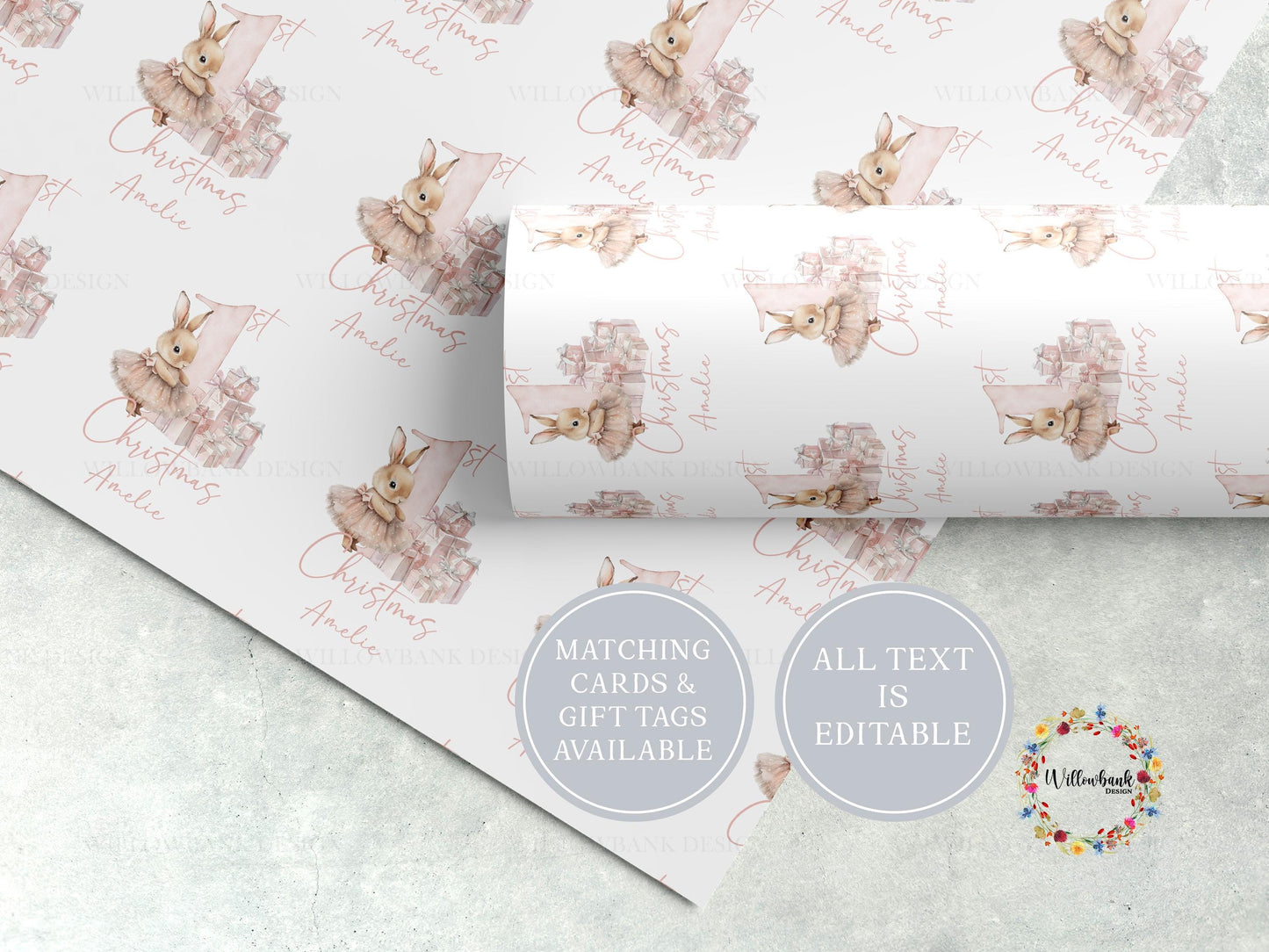 Personalised First Christmas Wrapping Paper l Bunny Rabbit Gift Wrap l Kids Christmas l Custom Gift Paper l Baby Xmas
