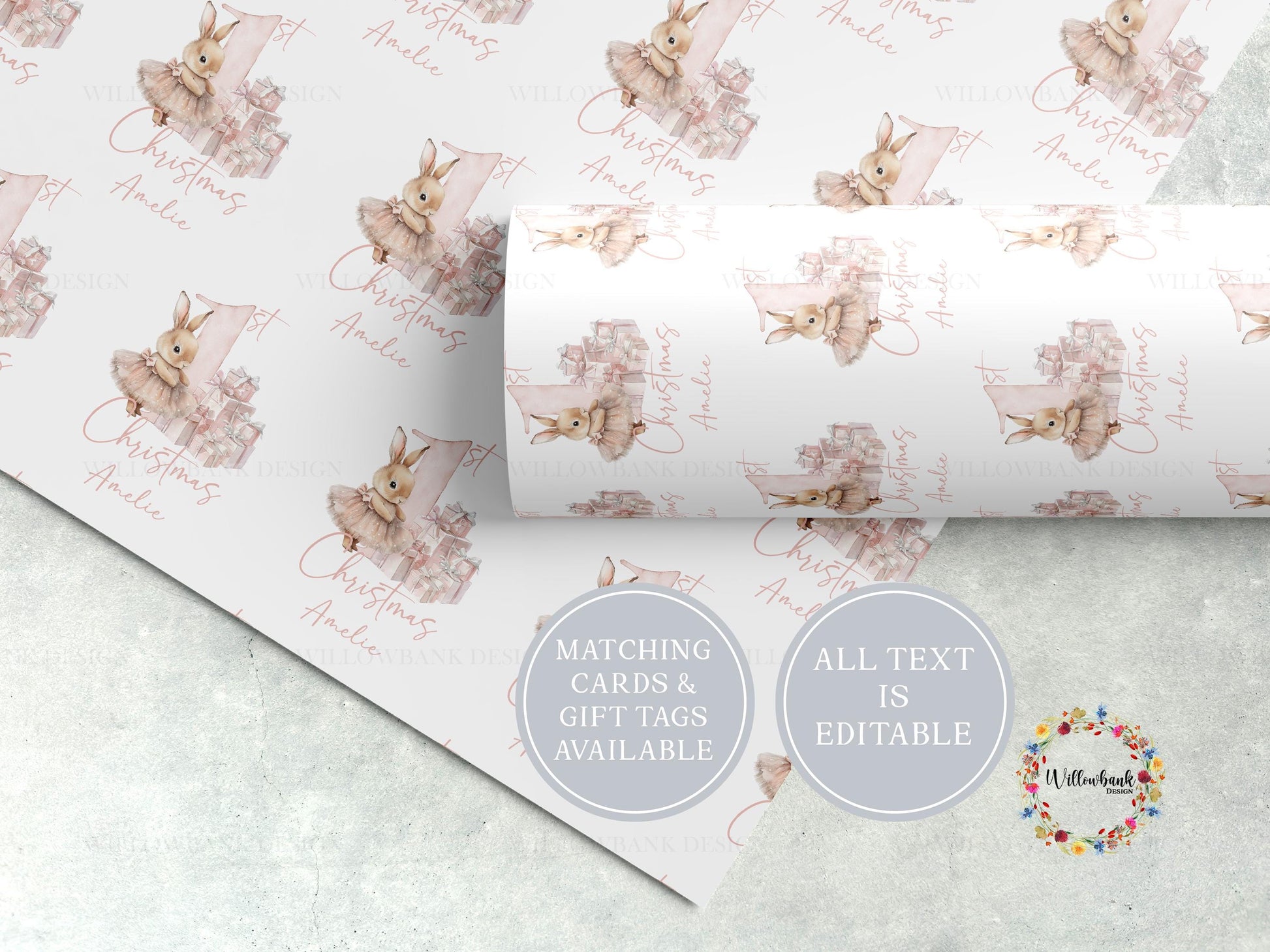 Personalised First Christmas Wrapping Paper l Bunny Rabbit Gift Wrap l Kids Christmas l Custom Gift Paper l Baby Xmas