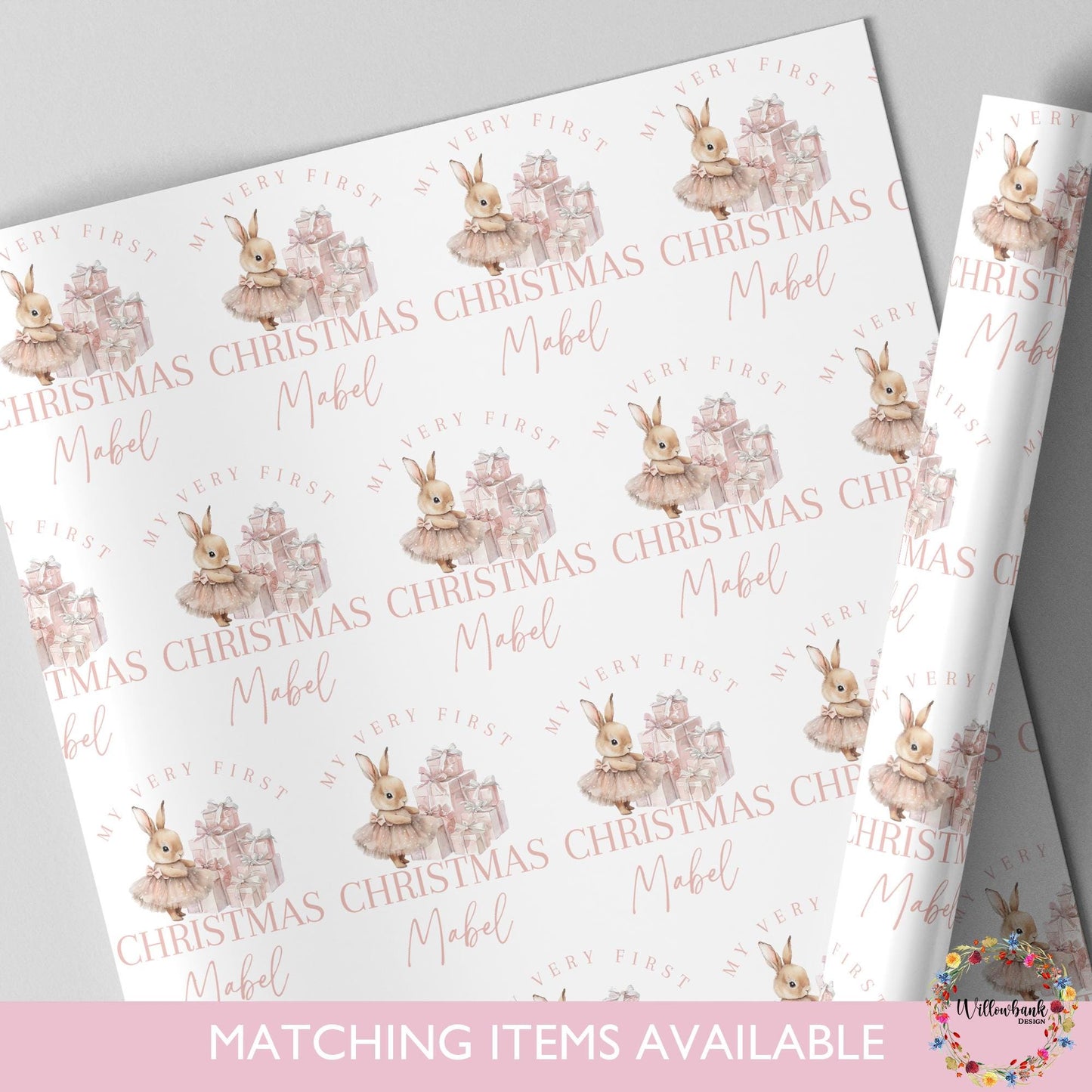 Personalised First Christmas Wrapping Paper l Bunny Rabbit Gift Wrap l Kids Christmas l Custom Gift Paper l Baby Xmas