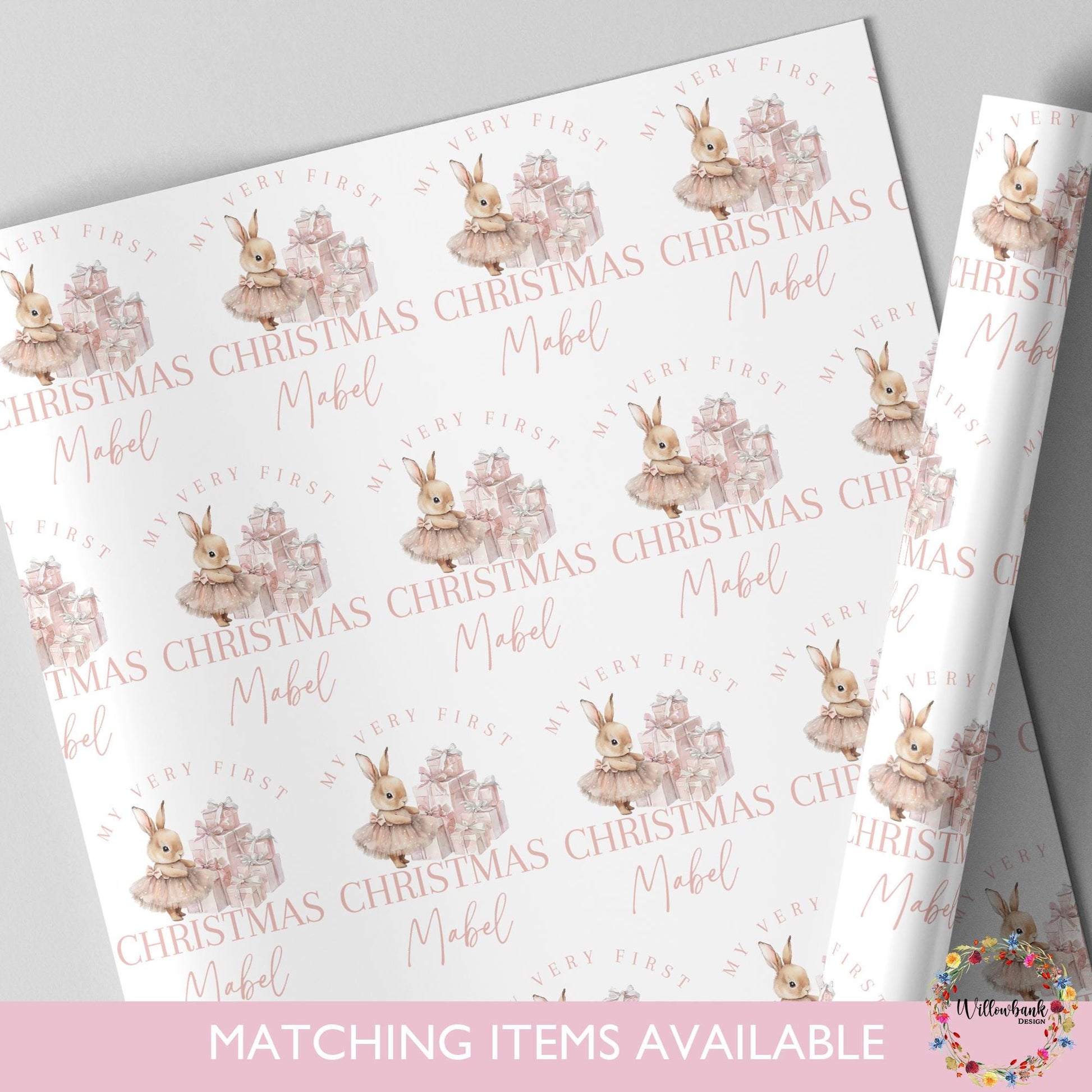 Personalised First Christmas Wrapping Paper l Bunny Rabbit Gift Wrap l Kids Christmas l Custom Gift Paper l Baby Xmas