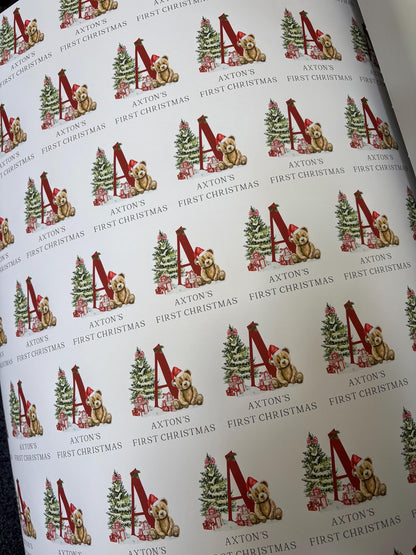 Personalised Christmas Teddy Bear Wrapping Paper l Gift Wrap l Kids Christmas l Custom Gift Paper l First Christmas