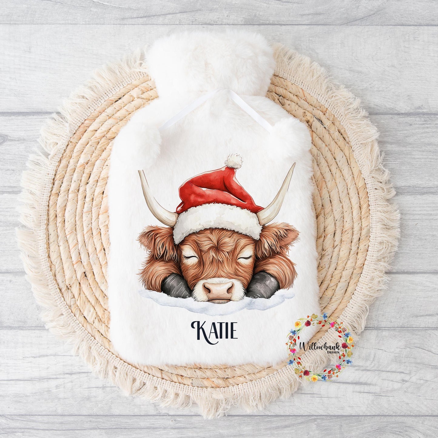 Personalised Highland Cow Hot Water Bottle l Santa l Father Christmas l Children's Christmas Gift Idea l Stocking Filler