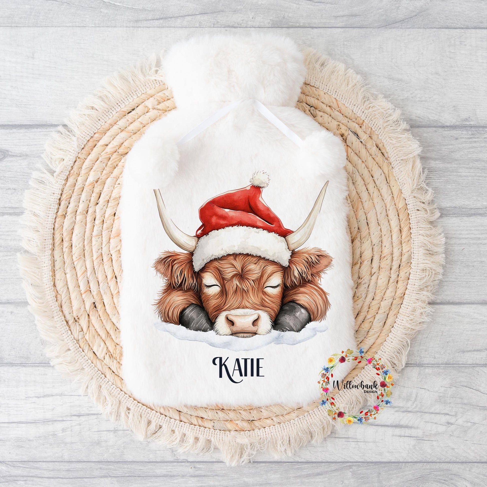 Personalised Highland Cow Hot Water Bottle l Santa l Father Christmas l Children's Christmas Gift Idea l Stocking Filler