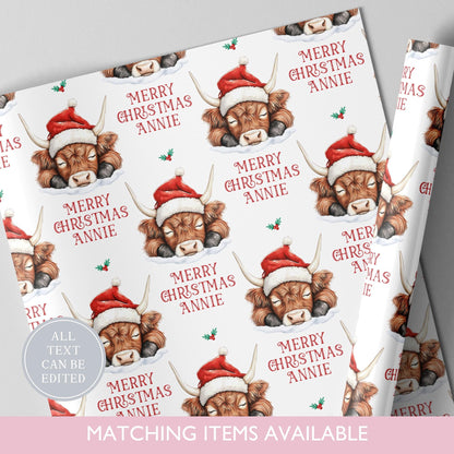 Personalised Highland Cow Christmas Wrapping Paper l Gift Wrap l Kids Christmas l Custom Gift Paper