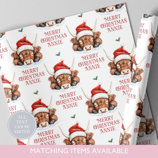 Personalised Highland Cow Christmas Wrapping Paper l Gift Wrap l Kids Christmas l Custom Gift Paper