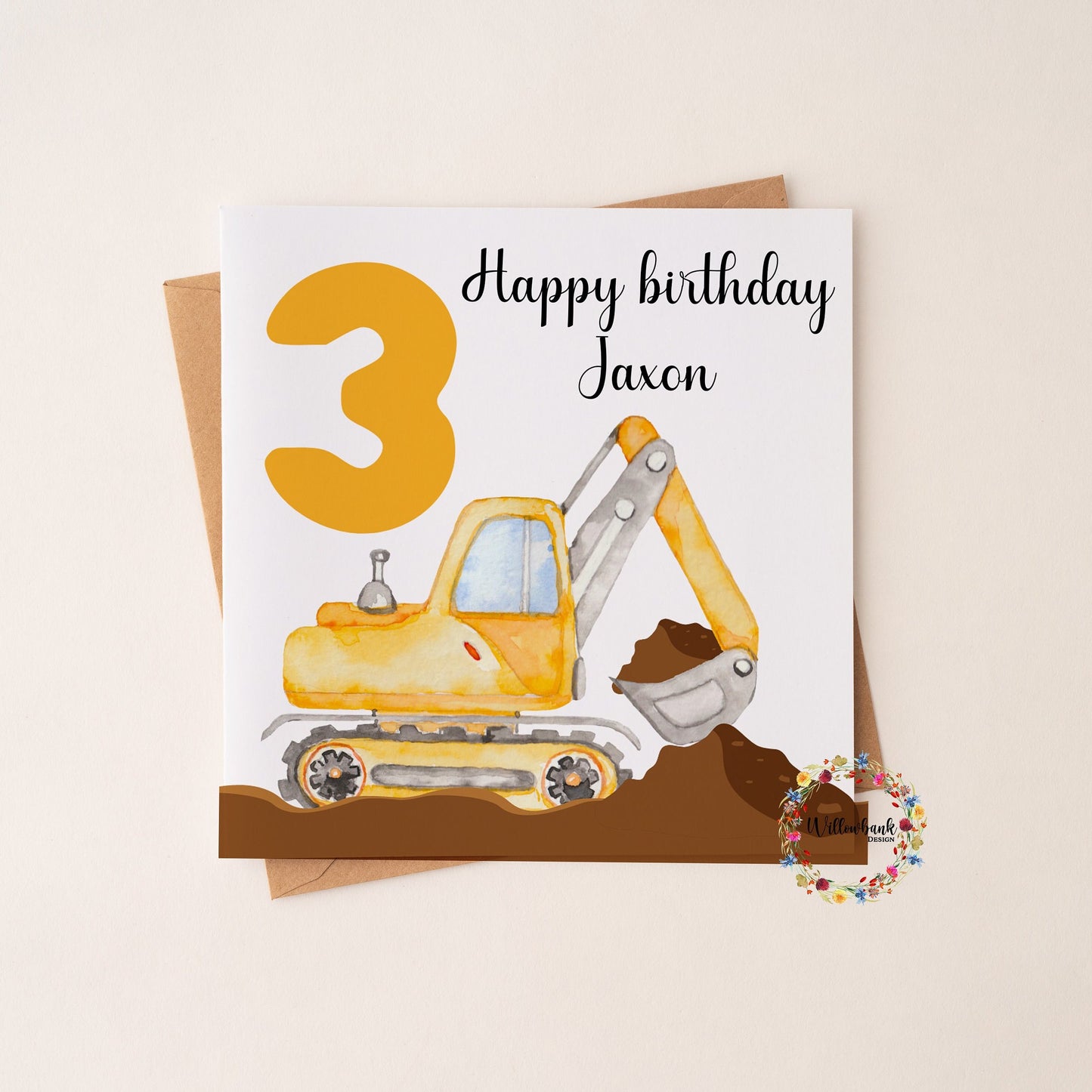 Personalised Happy 2nd Birthday Card l Digger l Excavator l Construction Vehicles l Second Birthday l Two Today