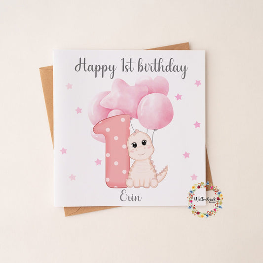 Personalised Happy Birthday Card l Ages 1-5 l Pink Dinosaur Birthday Card