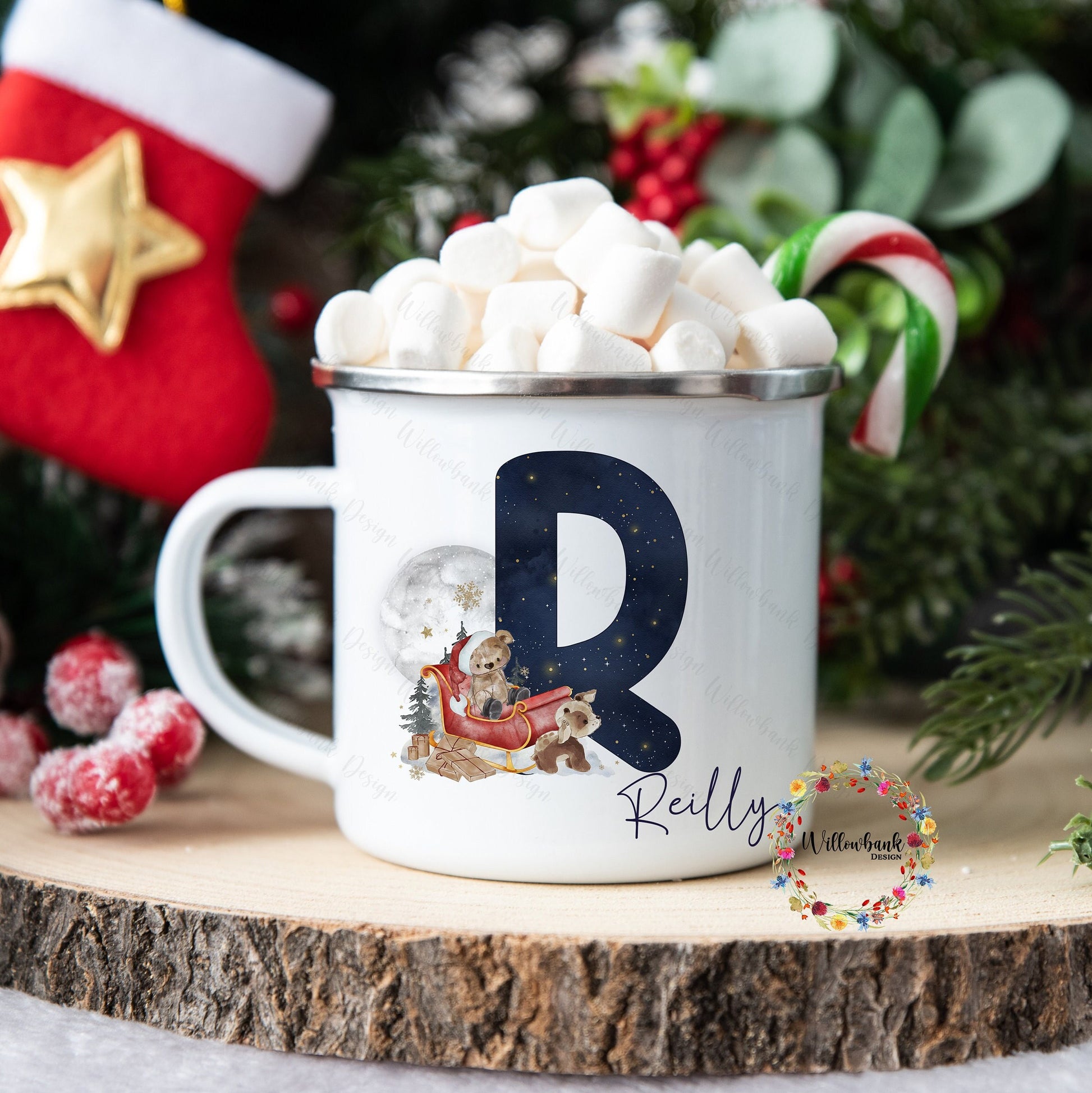 Personalised Christmas Santa Sleigh Enamel Camping Mug l Christmas Teddy l Children's Christmas Mug l Hot Chocolate Mug