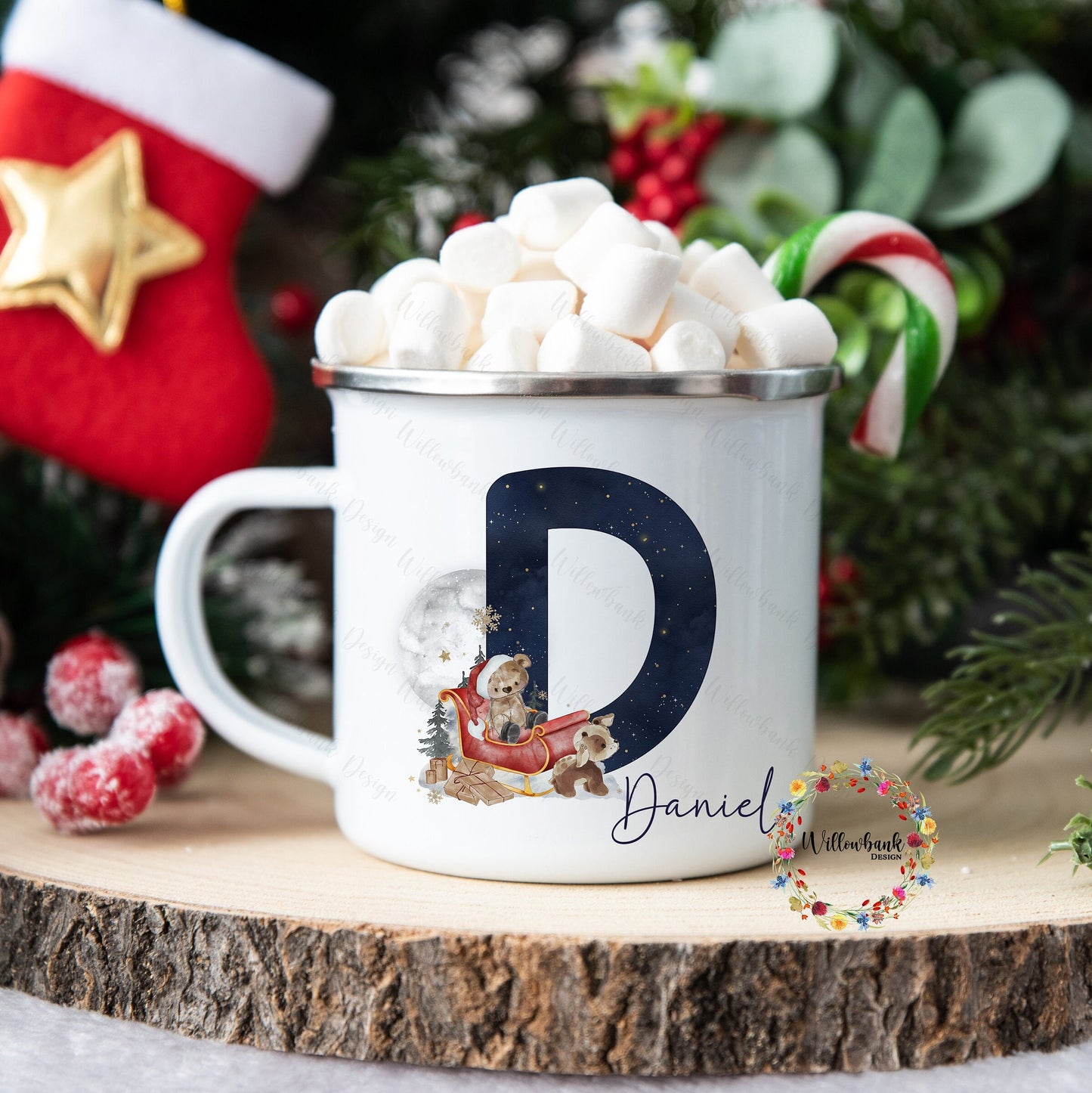 Personalised Christmas Santa Sleigh Enamel Camping Mug l Christmas Teddy l Children's Christmas Mug l Hot Chocolate Mug