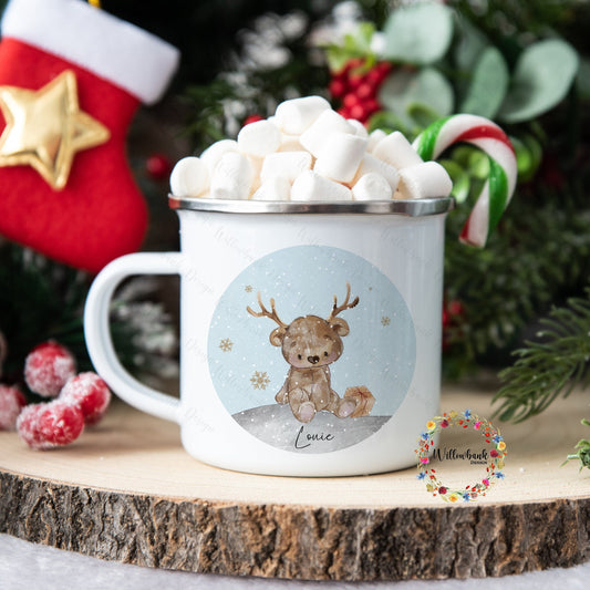 Personalised Christmas Bear Enamel Camping Mug l Children's Christmas Mug l Hot Chocolate Mug l Reindeer l Christmas Eve