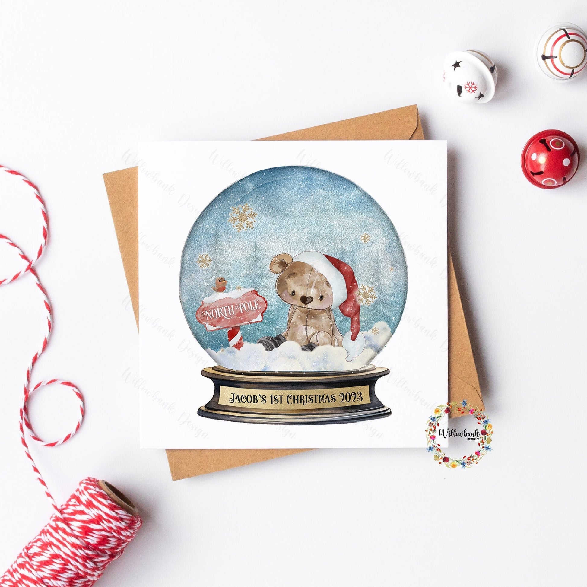 Personalised North Pole Christmas Bear Snow Globe Christmas Card For Child l Card for Her / Him