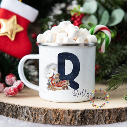 Personalised Santa's Sleigh Christmas Bear Enamel Camping Mug l Children's Christmas Mug l Hot Chocolate Mug l Christmas Eve