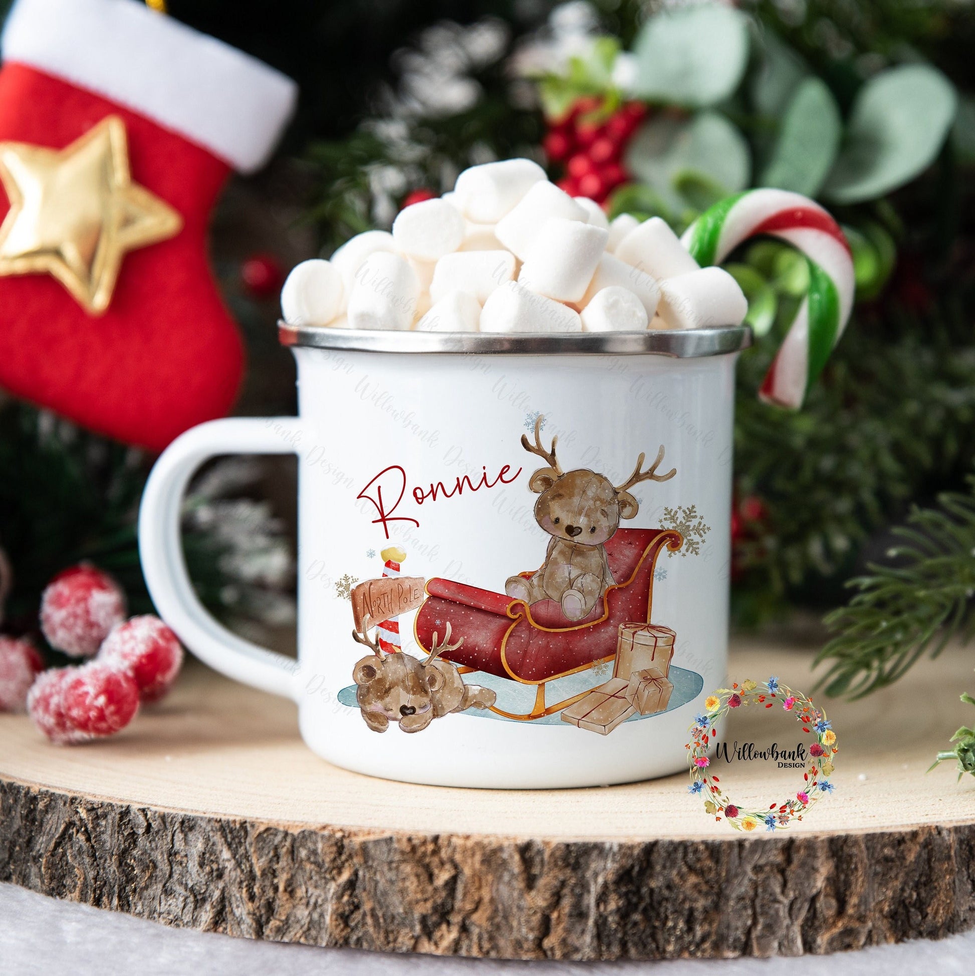 Personalised Santa's Sleigh Christmas Reindeer Bear Enamel Camping Mug l Children's Christmas Mug l Hot Chocolate Mug l Christmas Eve