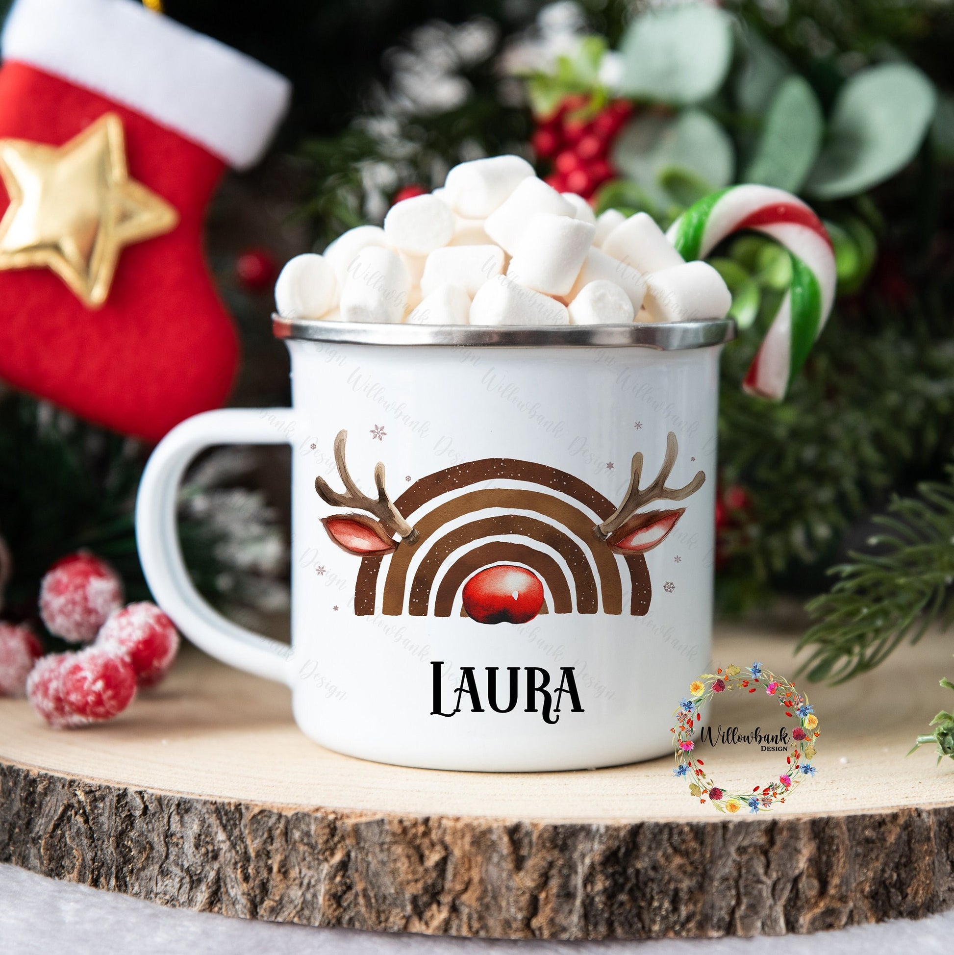 Personalised Christmas Reindeer Rainbow Enamel Camping Mug l Children's Christmas Mug l Hot Chocolate Mug l Christmas Eve l Reinbow