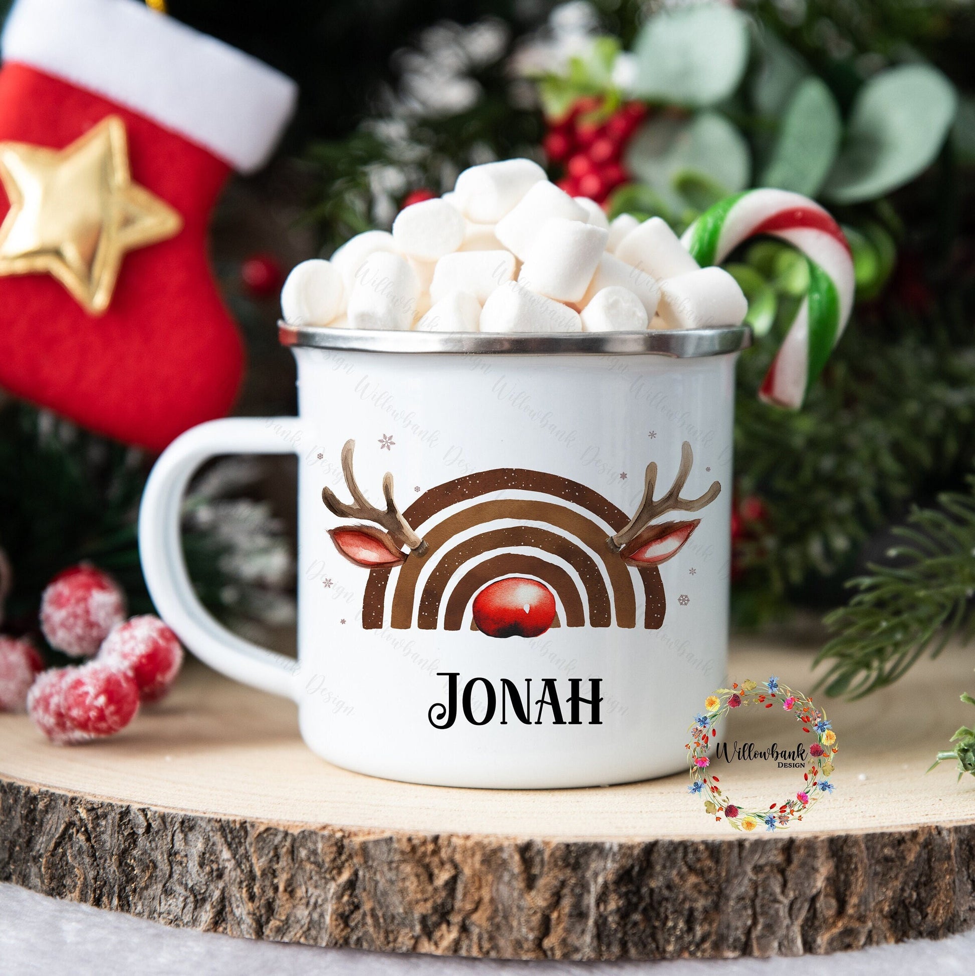 Personalised Christmas Reindeer Rainbow Enamel Camping Mug l Children's Christmas Mug l Hot Chocolate Mug l Christmas Eve l Reinbow