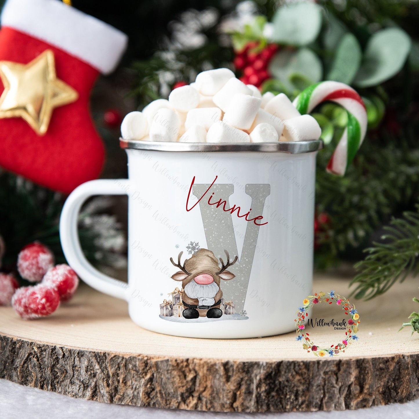 Personalised Christmas Reindeer Gonk Enamel Camping Mug l Children's Christmas Mug l Hot Chocolate Mug