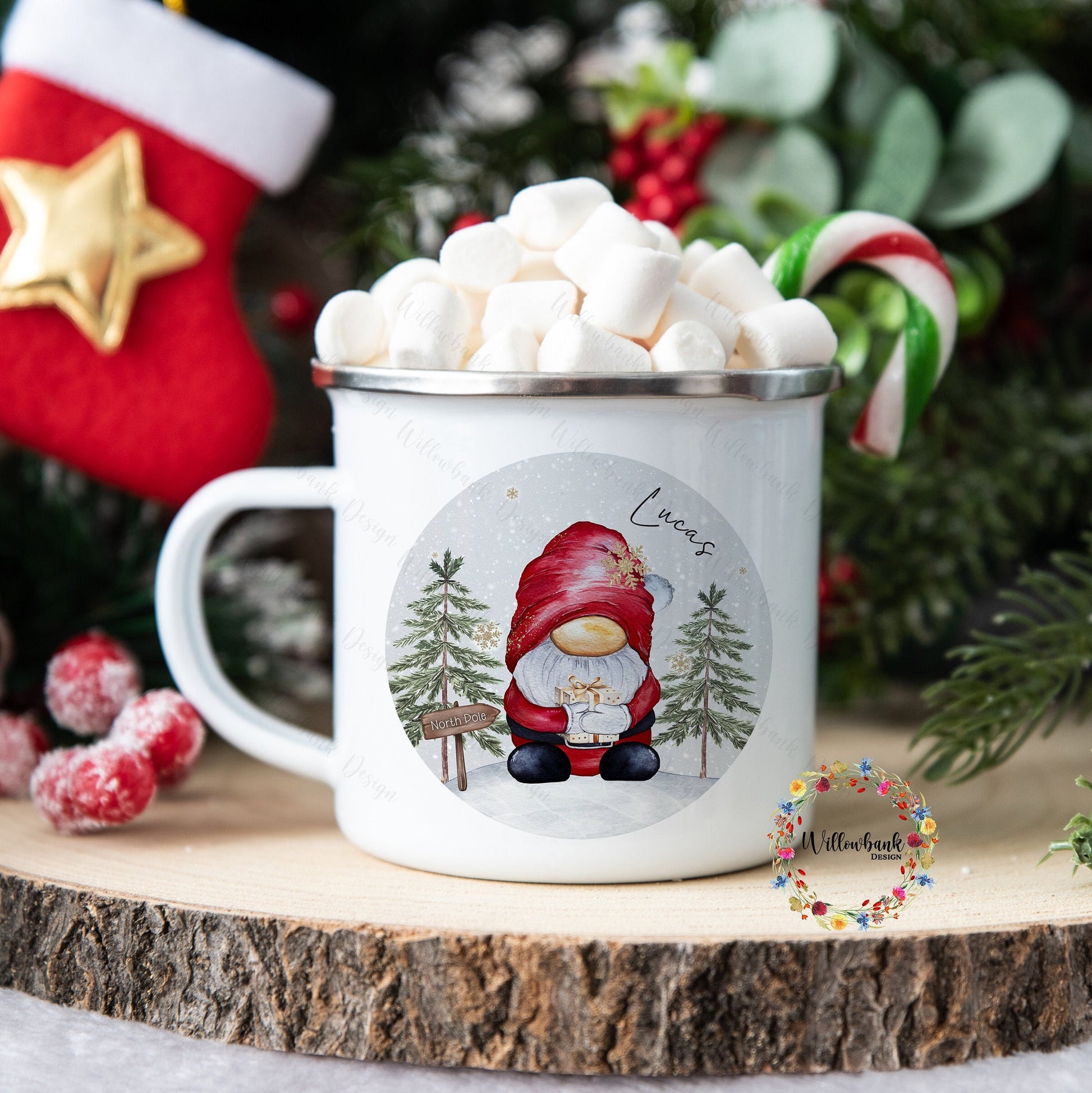 Personalised Christmas Gonk Enamel Camping Mug l Children's Christmas Mug l Hot Chocolate Mug l Santa l Father Christmas l Mrs Christmas