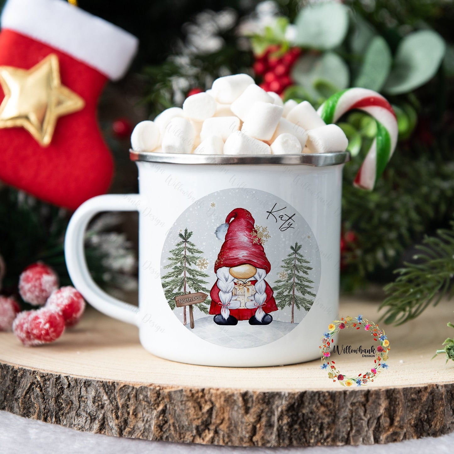 Personalised Christmas Gonk Enamel Camping Mug l Children's Christmas Mug l Hot Chocolate Mug l Santa l Father Christmas l Mrs Christmas