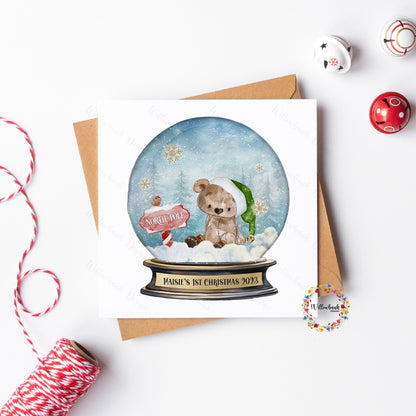 Personalised North Pole Christmas Bear Snow Globe Christmas Card For Child l Card for Her / Him