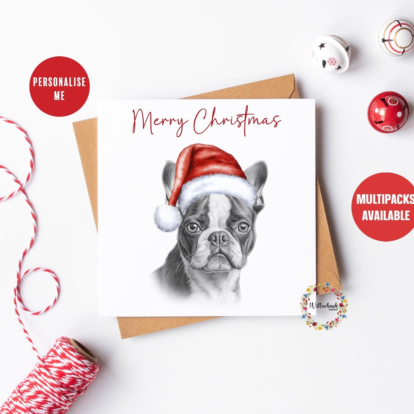 Multipack Personalised Sketchy Boston Terrier Christmas Card l Dog Lover Festive Card l Santa Dogs l Dog Mama