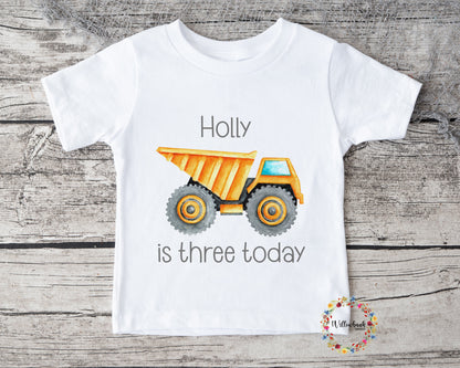 Personalised Happy Birthday Construction Vehicle Tshirt l First Birthday l Kids Birthday l Digger l Excavator l Cement Mixer l Dump Truck