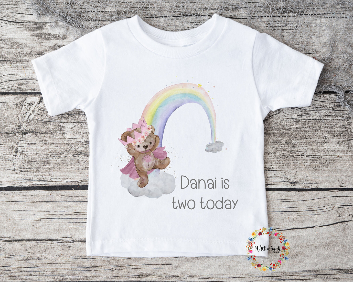 Personalised Happy Birthday Teddy Bear Crown Rainbow Tshirt l First Birthday l Kids Birthday l Party Outfit l Custom Name